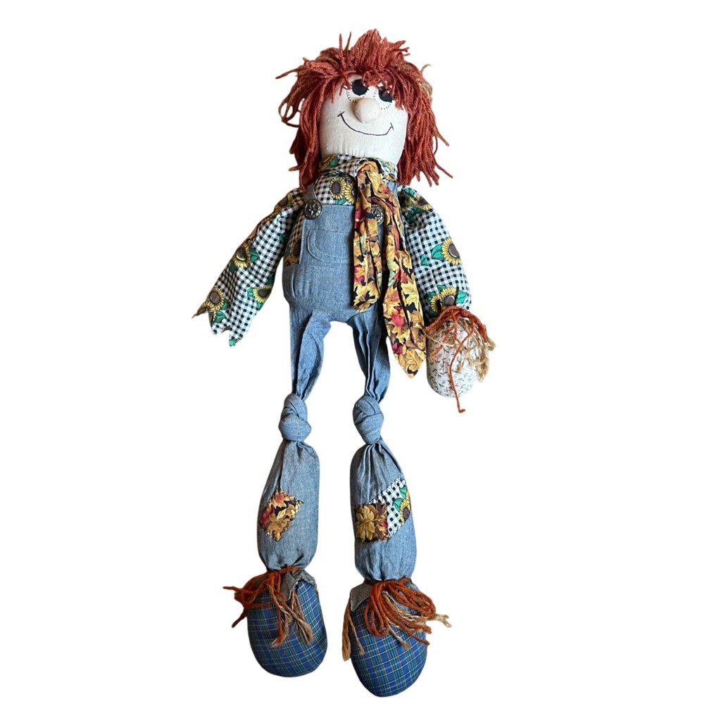 Joelson Industries Scarecrow Doll Sunflower Gingham Overalls 24" Hand missing
